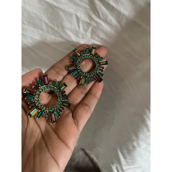 Large green earring stud Sunburst Rhinestone Round ab iridescent Vitrail big - Picture 5 of 7